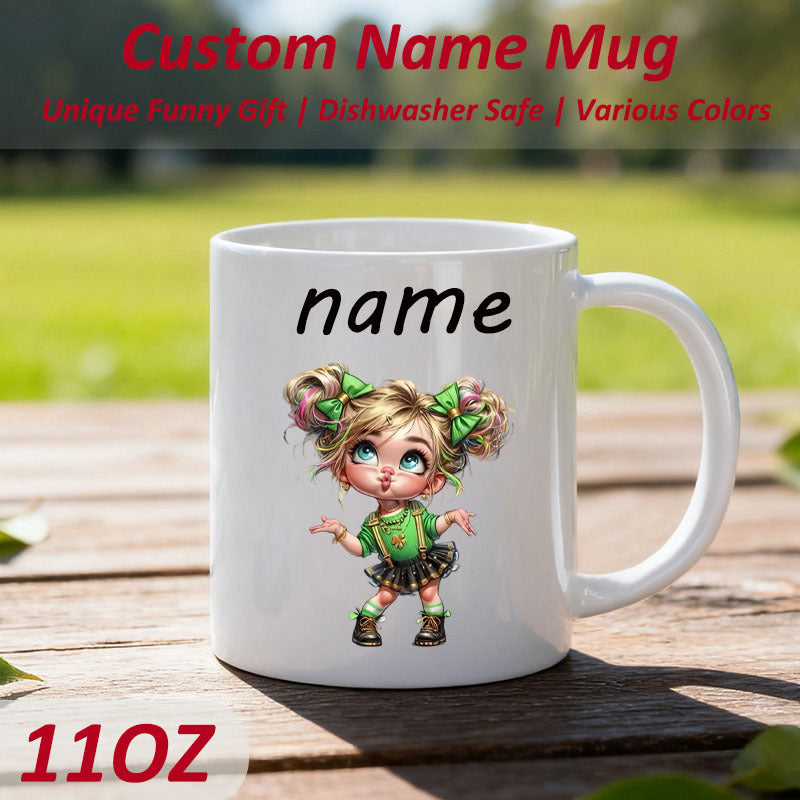 Tailorly White Ceramic 11 oz Mug - Name Adorable Cartoon Character With Green Ribbons And Blonde Pigtails Girl