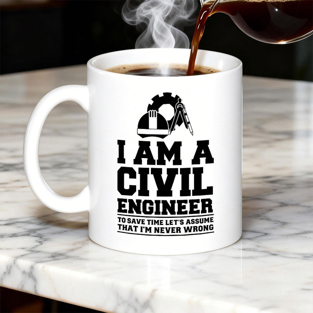 Tailorly White Ceramic 11 oz Mug - I Am A Civil Engineer To Save Time Lets Assume That Im Never Wrong Bold Black Industrial Symbols Featuring Drafting Compass And