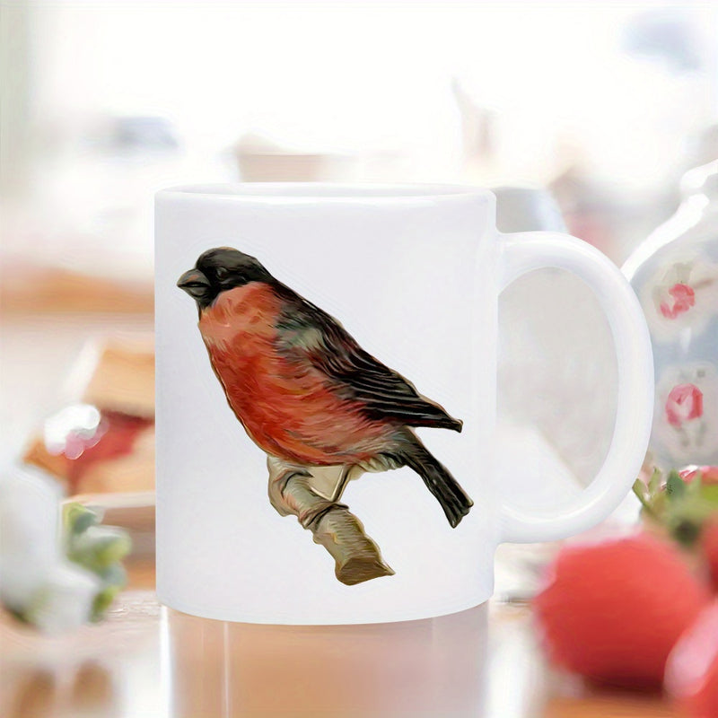 Tailorly White Ceramic 11 oz Mug - Realistic Red Breasted Bullfinch Perched Quietly On A Small Wooden Branch Bird