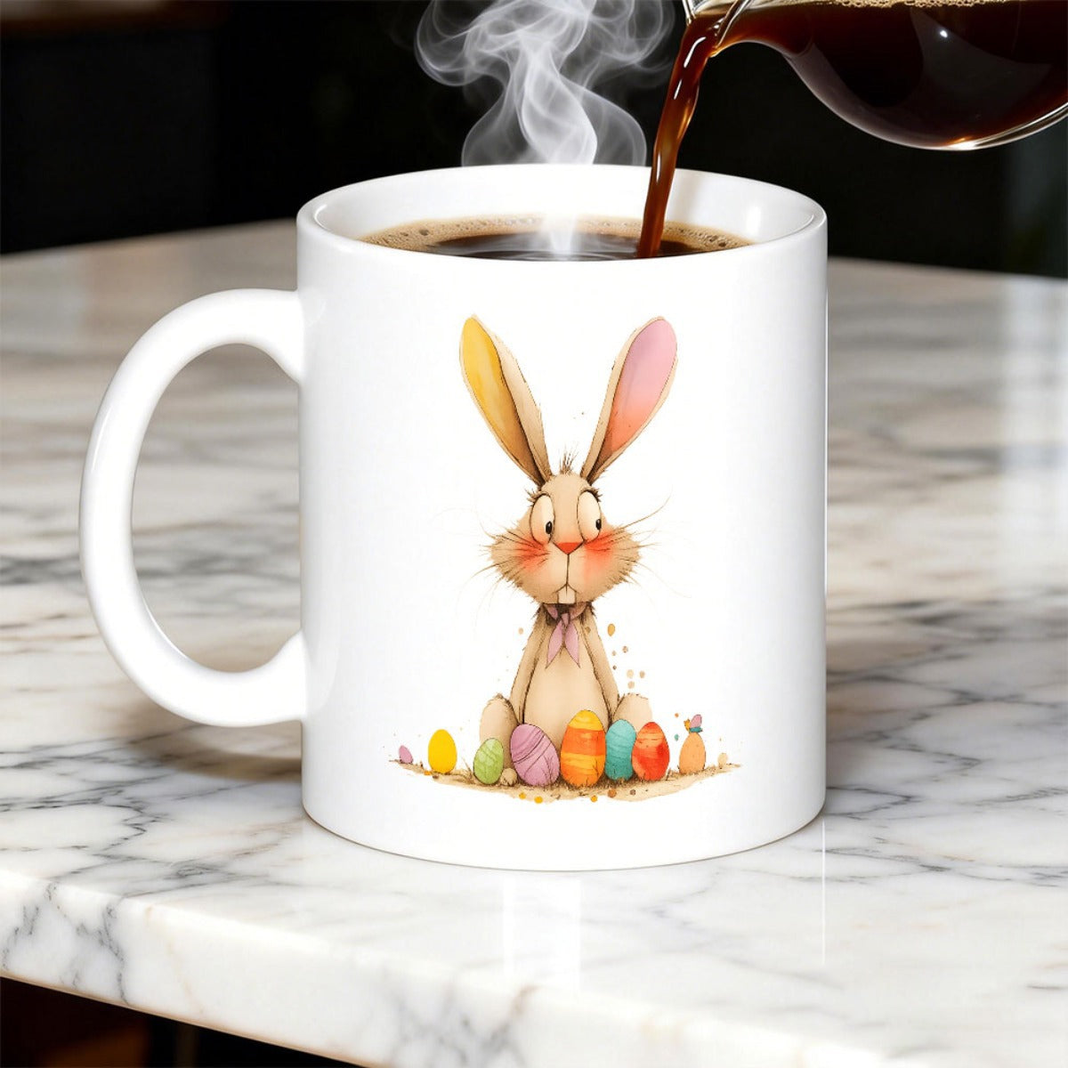 Tailorly White Ceramic 11 oz Mug - Cute Illustrated Easter Bunny With Vibrant Painted Eggs Resting On Grass Rabbit