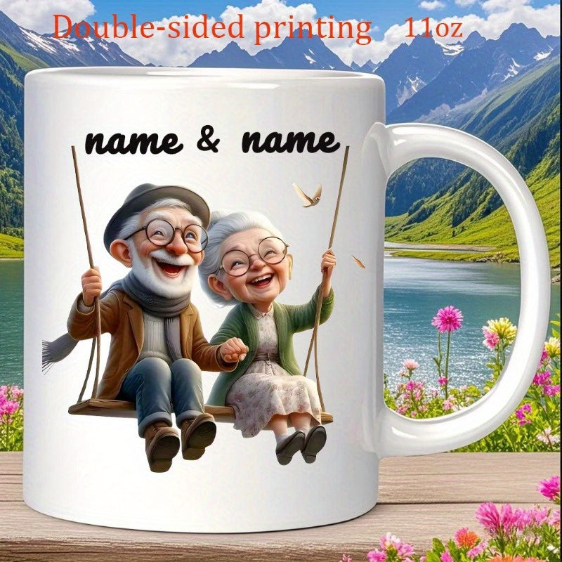 Tailorly White Ceramic 11 oz Mug - Name Name Cartoon Styled Elderly Characters Sitting On A Swing In Joyful Pose Couple