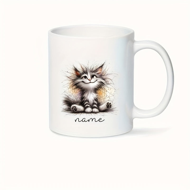 Tailorly White Ceramic 11 oz Mug - Name Adorable Fluffy Cartoon Cat With Spiky Fur And Wide Happy Grin Kitten