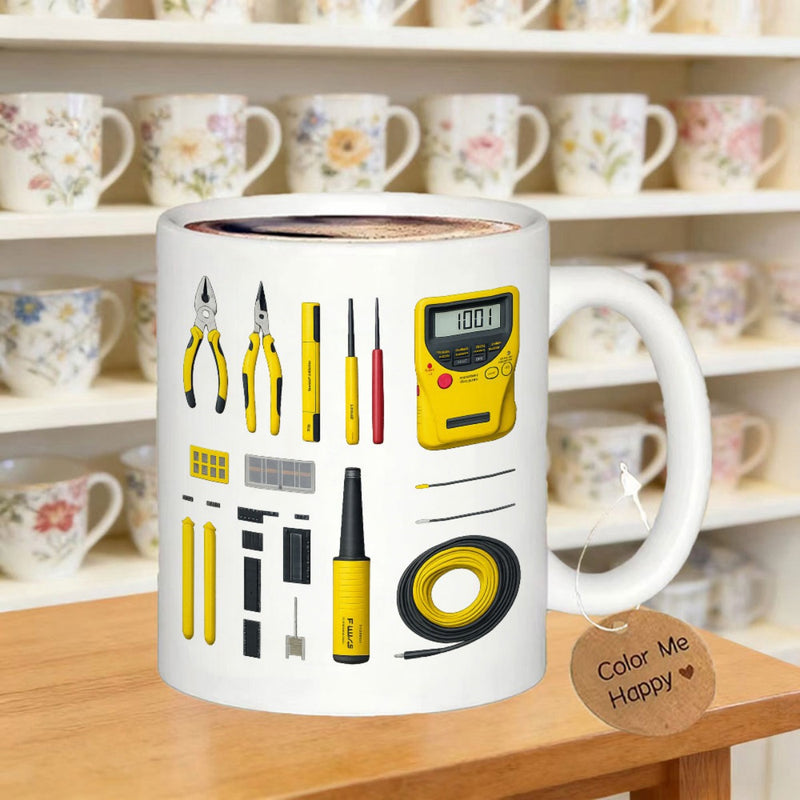 Tailorly White Ceramic 11 oz Mug - Professional Yellow Technician Hand Tools With Digital Multimeter Graphic Tool