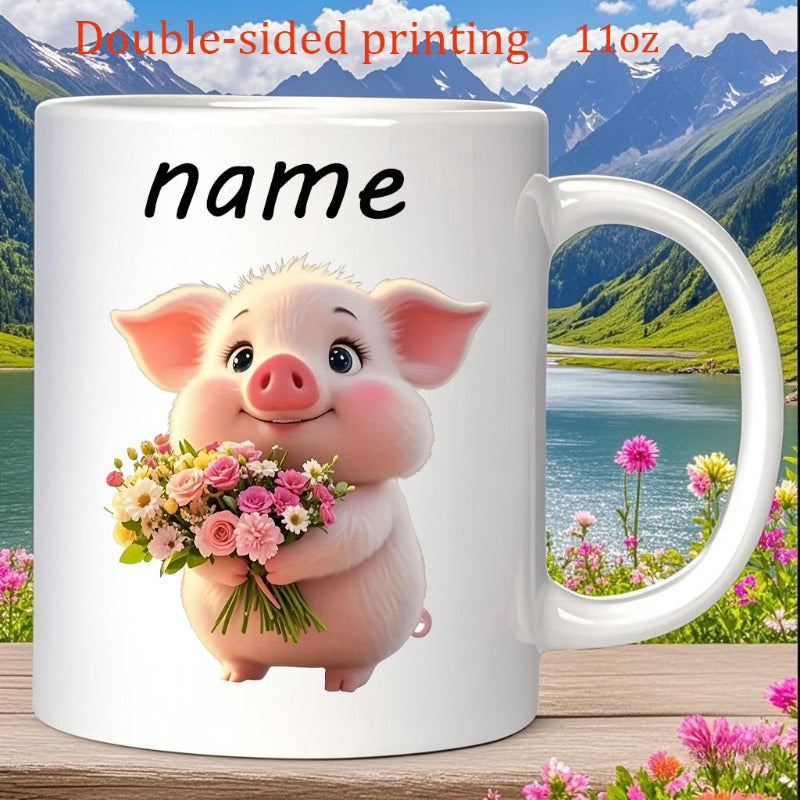 Tailorly White Ceramic 11 oz Mug - Name Adorable Tiny Pink Piglet Holding A Colorful Bouquet Of Beautiful Flowers Pig