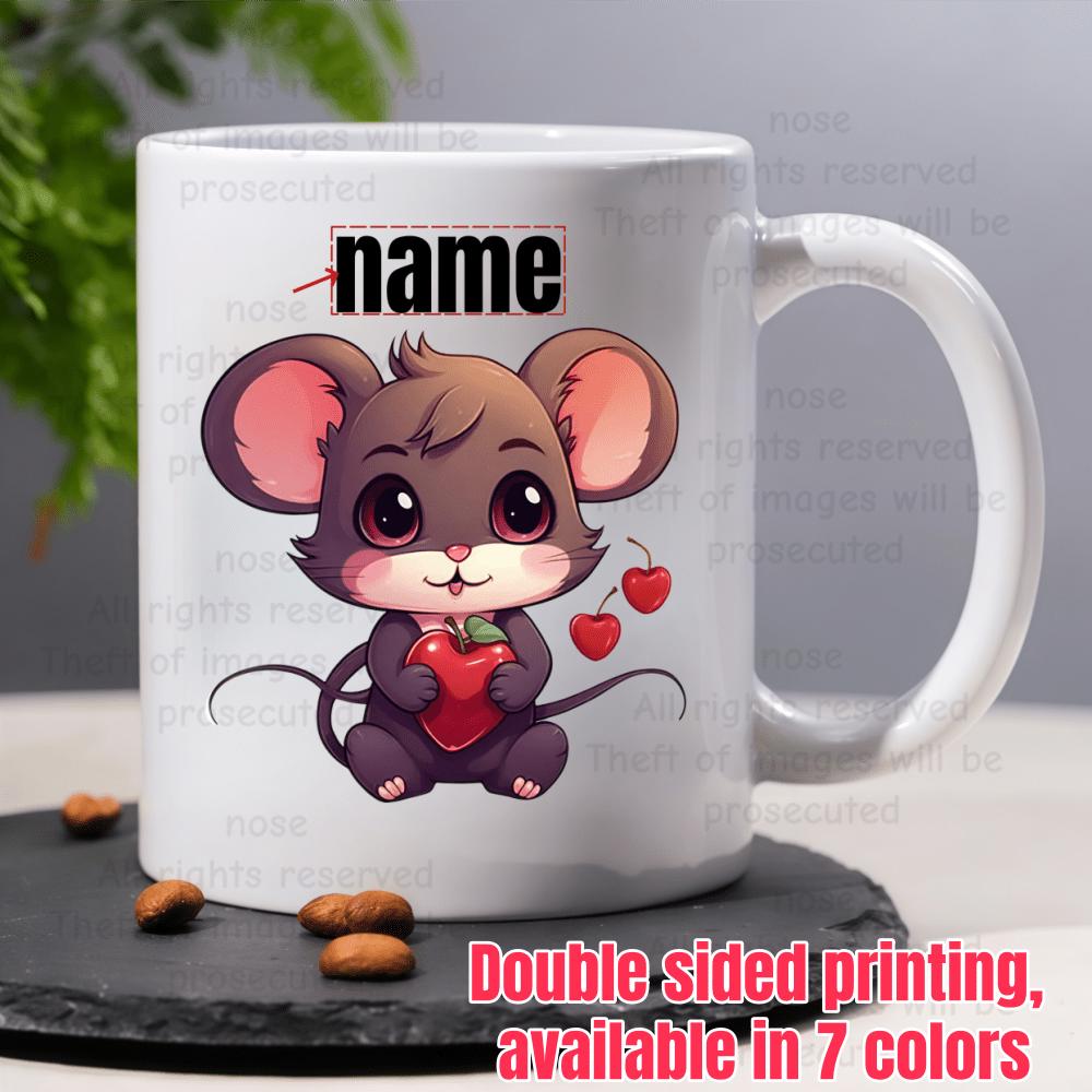 Tailorly White Ceramic 11 oz Mug - Name Adorable Small Animal Holding Red Heart Surrounded By Sweet Cherries Mouse
