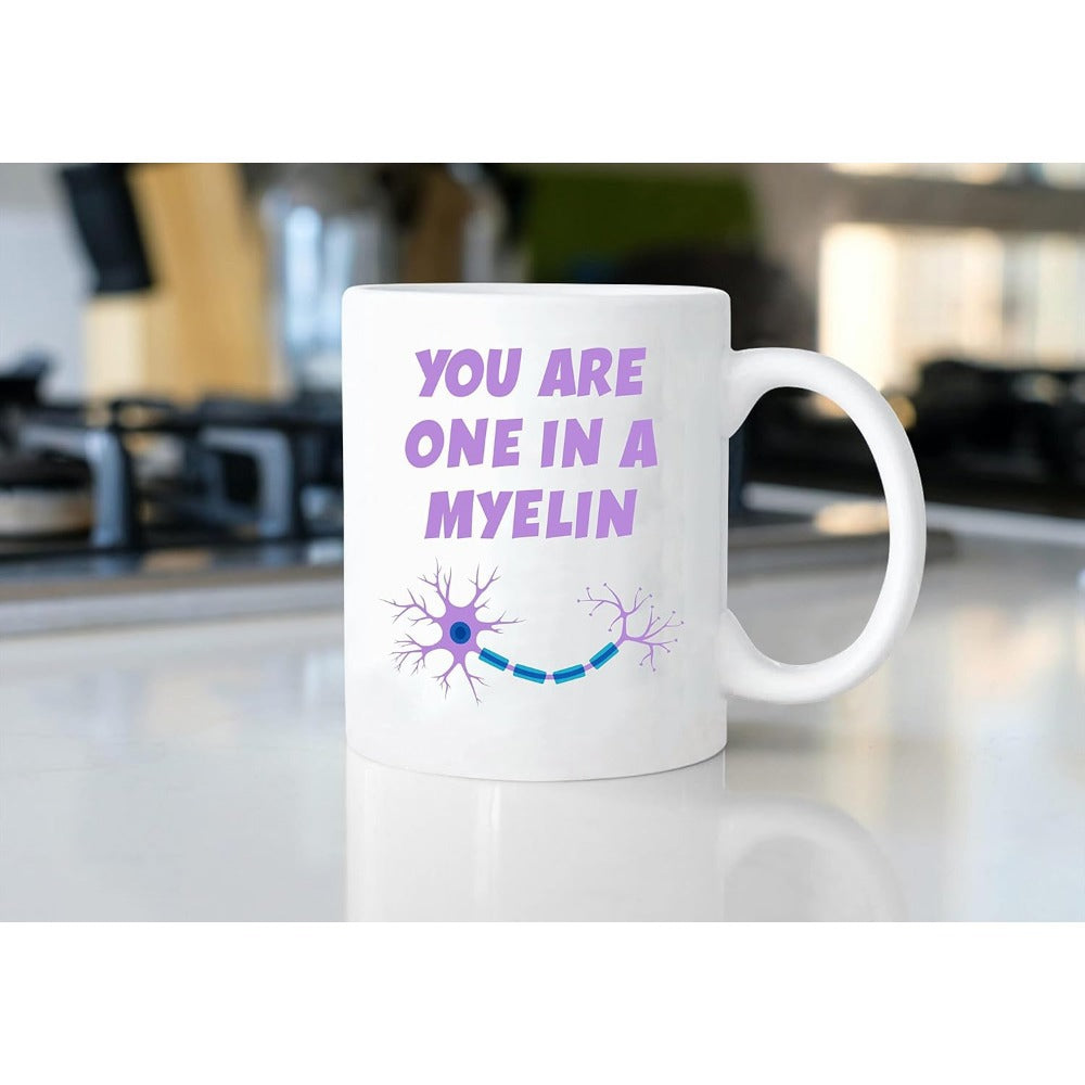 Tailorly White Ceramic 11 oz Mug - You Are One In A Myelin Scientific Illustration With Purple Cell Body And Blue Segmented Myelin Sheath Neuron