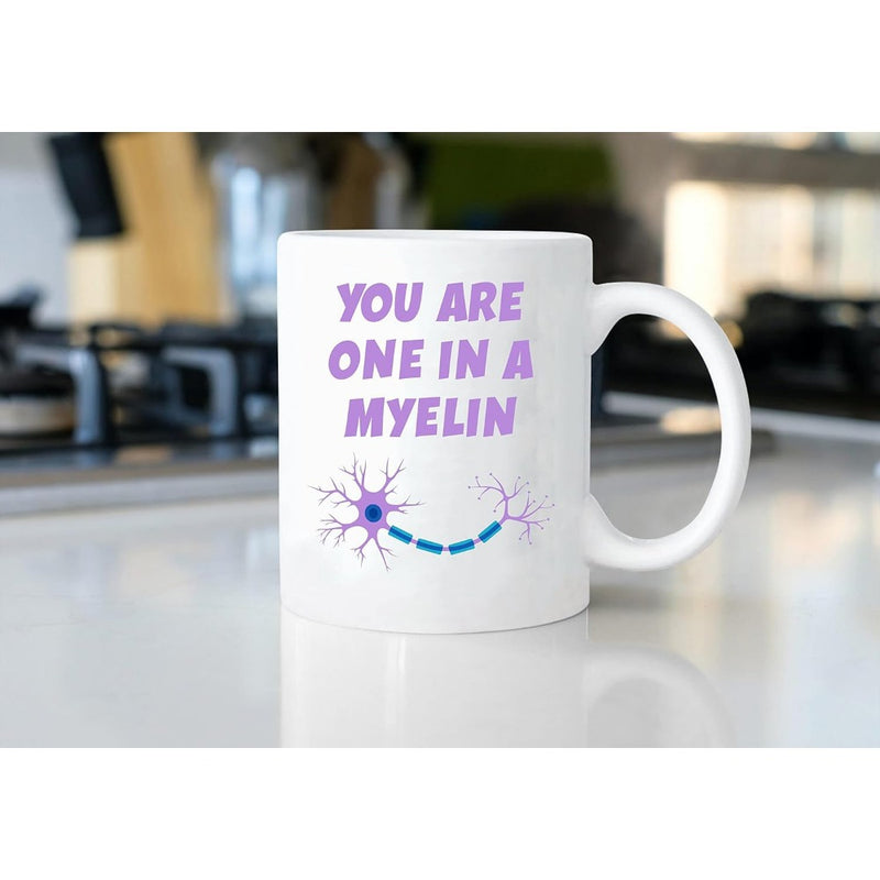 Tailorly White Ceramic 11 oz Mug - You Are One In A Myelin Scientific Illustration With Purple Cell Body And Blue Segmented Myelin Sheath Neuron