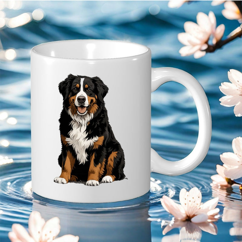 Tailorly White Ceramic 11 oz Mug - Majestic Sitting Pet With Black And Tan Fur Markings Bernese Mountain Dog