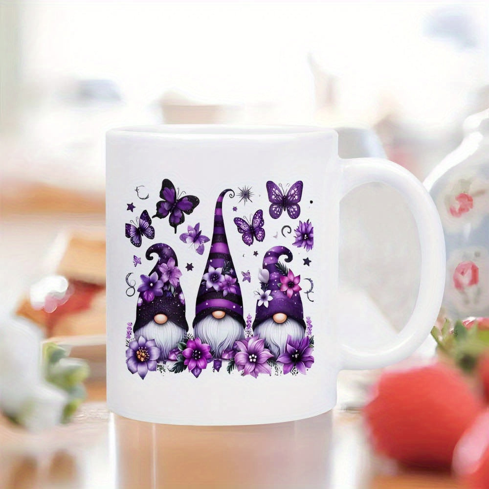 Tailorly White Ceramic 11 oz Mug - Elegant Purple Garden Butterflies Among Blooming Flowers With Enchanting Forest Gnome