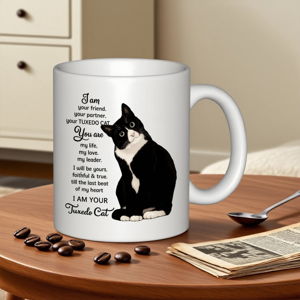 Tailorly White Ceramic 11 oz Mug - I Am Your Tuxedo Cat Elegant Black And White Feline Sitting Gracefully Among Heartfelt Sentimental Words Cat