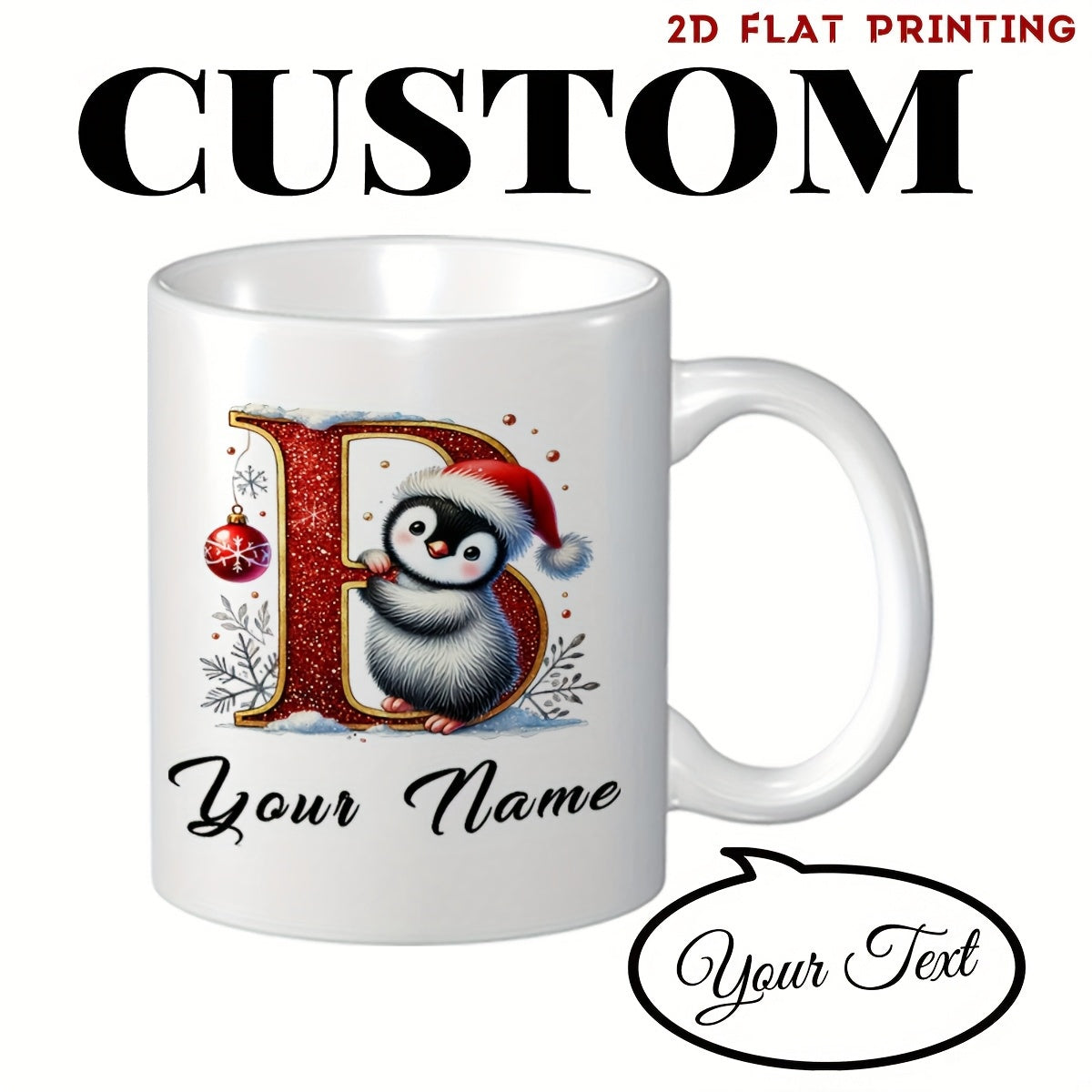 Tailorly White Ceramic 11 oz Mug - Custom Your Name Your Text Cute Small Animal Wearing Red Santa Hat Beside Glittery Holiday Letter Penguin