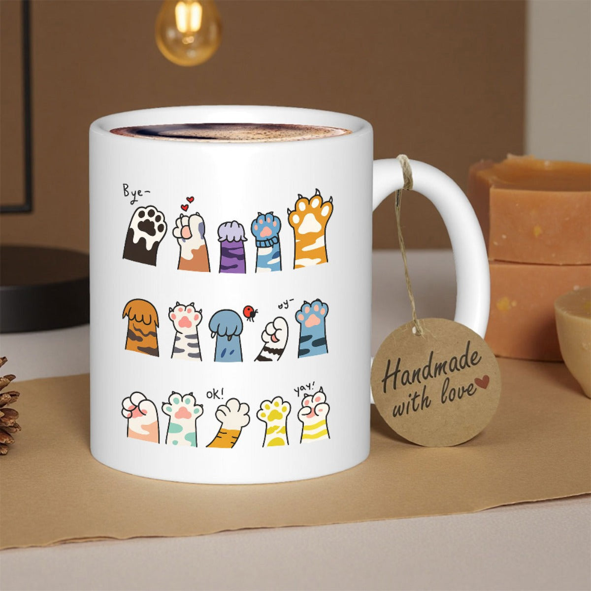 Tailorly White Ceramic 11 oz Mug - Bye Ok Paw Multiple Colorful Rows Of Hand Drawn Artistic Cute Kitten Paw