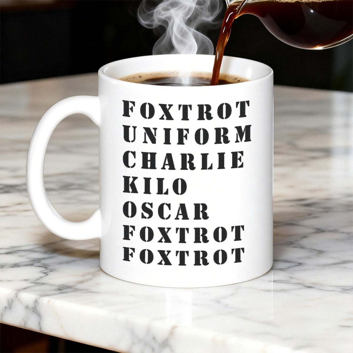 Tailorly White Ceramic 11 oz Mug - Foxtrot Uniform Charlie Kilo Oscar Foxtrot Foxtrot Minimalist White Ceramic Coffee Cup With Bold Black Lettering Mug