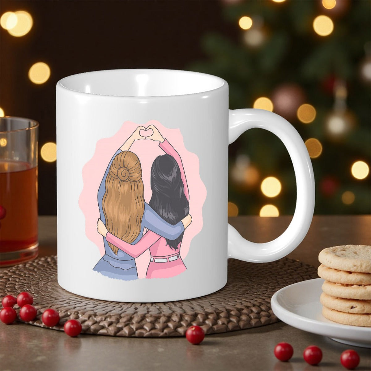 Tailorly White Ceramic 11 oz Mug - Two Friends Embracing Each Other Creating A Heart Shape With Hands Illustration