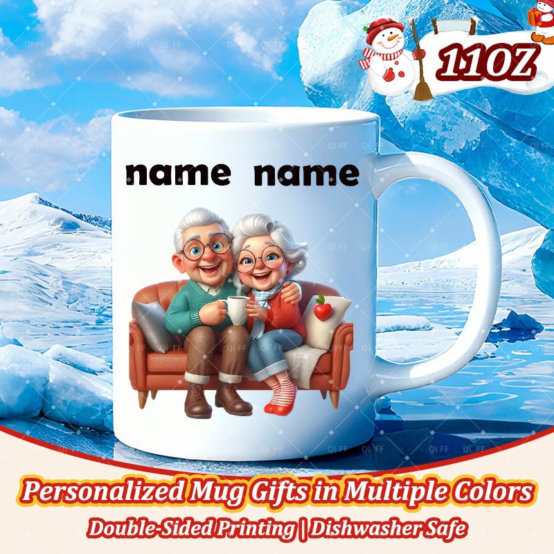 Tailorly White Ceramic 11 oz Mug - Name Name Happy Elderly Cartoon Pair Sitting On Leather Sofa Holding Hot Drinks Couple