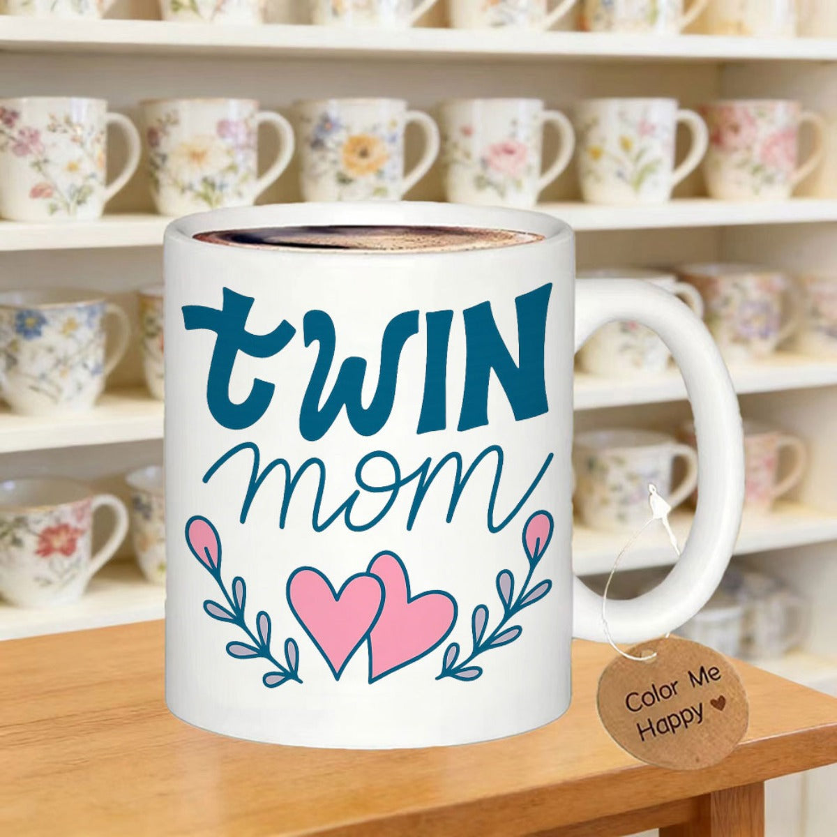 Tailorly White Ceramic 11 oz Mug - Twin Mom Two Pink Hearts Framed By Delicate Blue Floral Vine Branches Mug