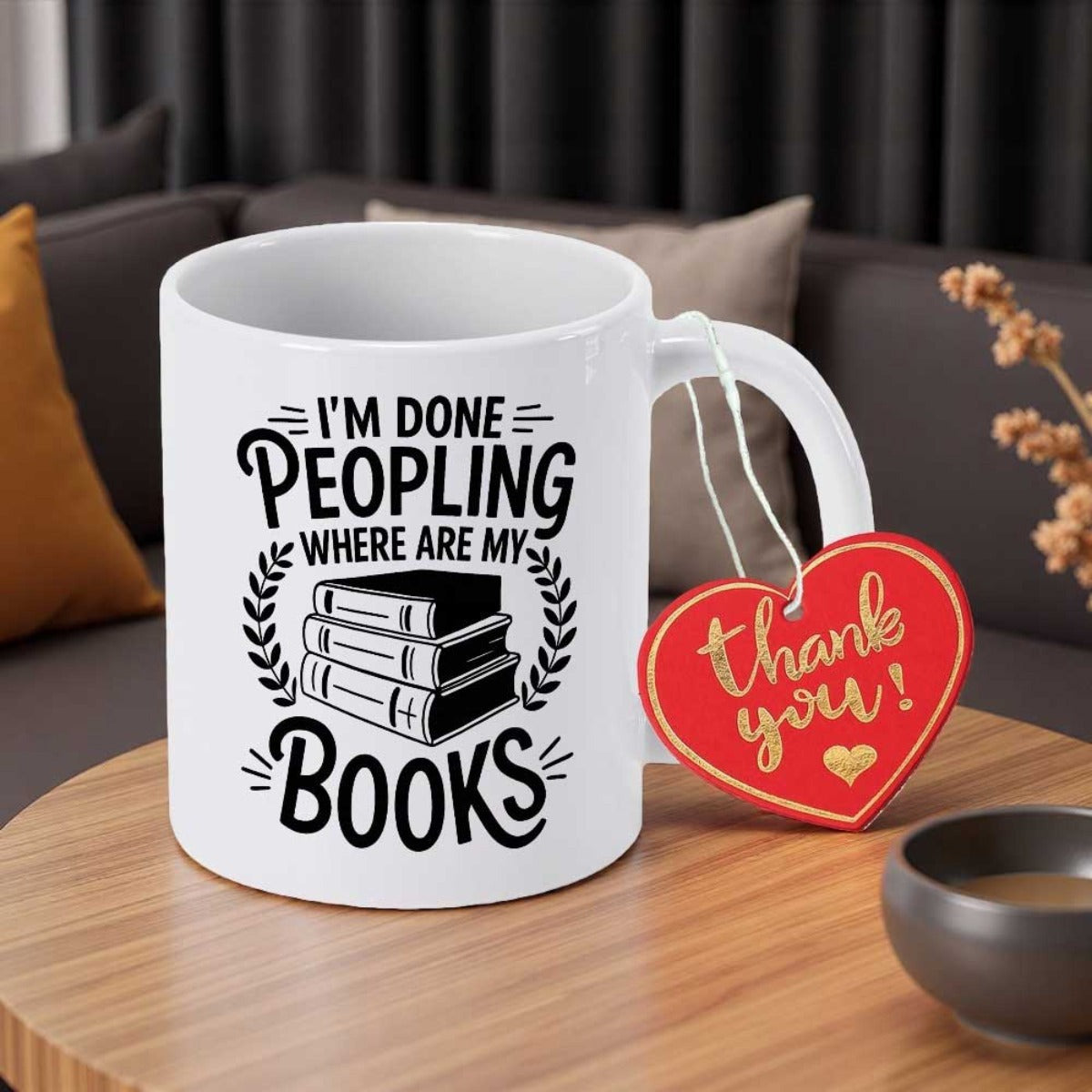 Tailorly White Ceramic 11 oz Mug - Im Done Peopling Where Are My Books Minimalist Black Line Art Stacked Hardcover Literaries Surrounded By Decorative Accents Book