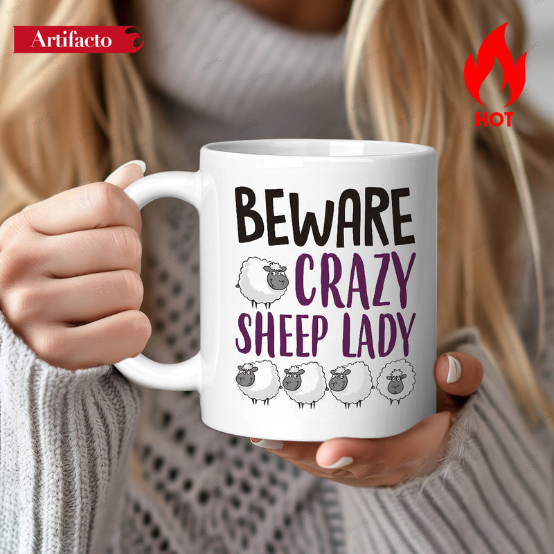 Tailorly White Ceramic 11 oz Mug - Beware Crazy Sheep Lady Simple Minimalist Cartoon Animals Standing In A Row On Surface Sheep