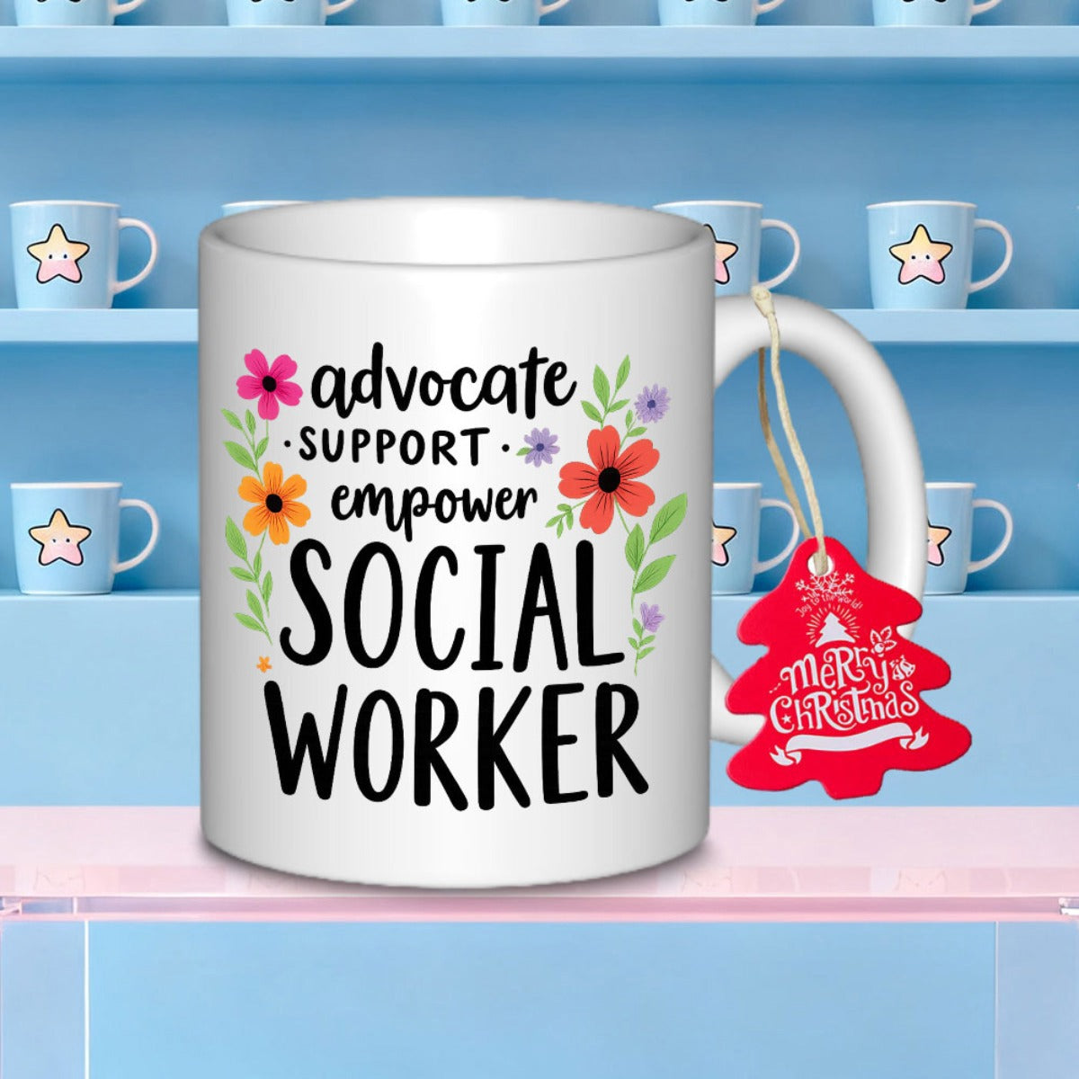 Tailorly White Ceramic 11 oz Mug - Advocate Support Empower Social Worker Vibrant Wildflowers And Greenery Surrounding Hand Lettered Inspirational Message Mug