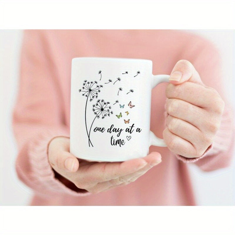 Tailorly White Ceramic 11 oz Mug - One Day At A Time Delicate Seeds And Butterflies Drifting In The Soft Summer Breeze Dandelion
