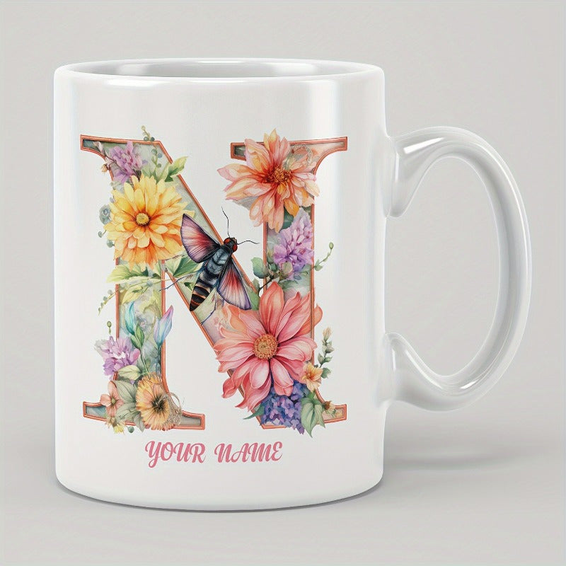 Tailorly White Ceramic 11 oz Mug - Your Name Delicate Colorful Watercolor Flowers With Moth Perched On Floral Initial N