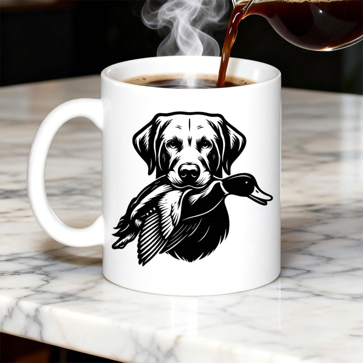 Tailorly White Ceramic 11 oz Mug - Detailed Silhouette Illustration Of A Loyal Hunting Retriever Holding A Mallard Duck Dog