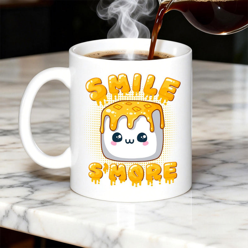 Tailorly White Ceramic 11 oz Mug - Smile S'more Adorable Kawaii Character With Dripping Honey Topping And Friendly Expression Marshmallow