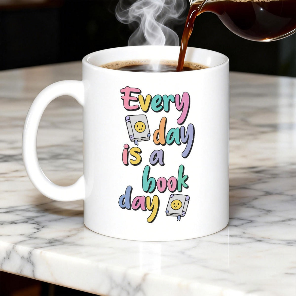 Tailorly White Ceramic 11 oz Mug - Every Day Is A Book Day Colorful Round Bubble Font Surrounded By Small Cartoon Icons Featuring Faces Book