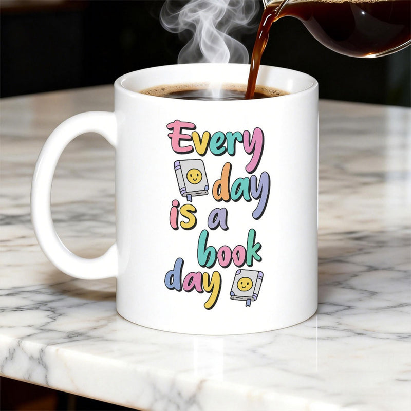 Tailorly White Ceramic 11 oz Mug - Every Day Is A Book Day Colorful Round Bubble Font Surrounded By Small Cartoon Icons Featuring Faces Book
