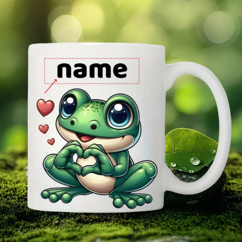 Tailorly White Ceramic 11 oz Mug - Name Adorable Green Cartoon Frog Making Heart Hands Surrounded By Tiny Hearts Frog