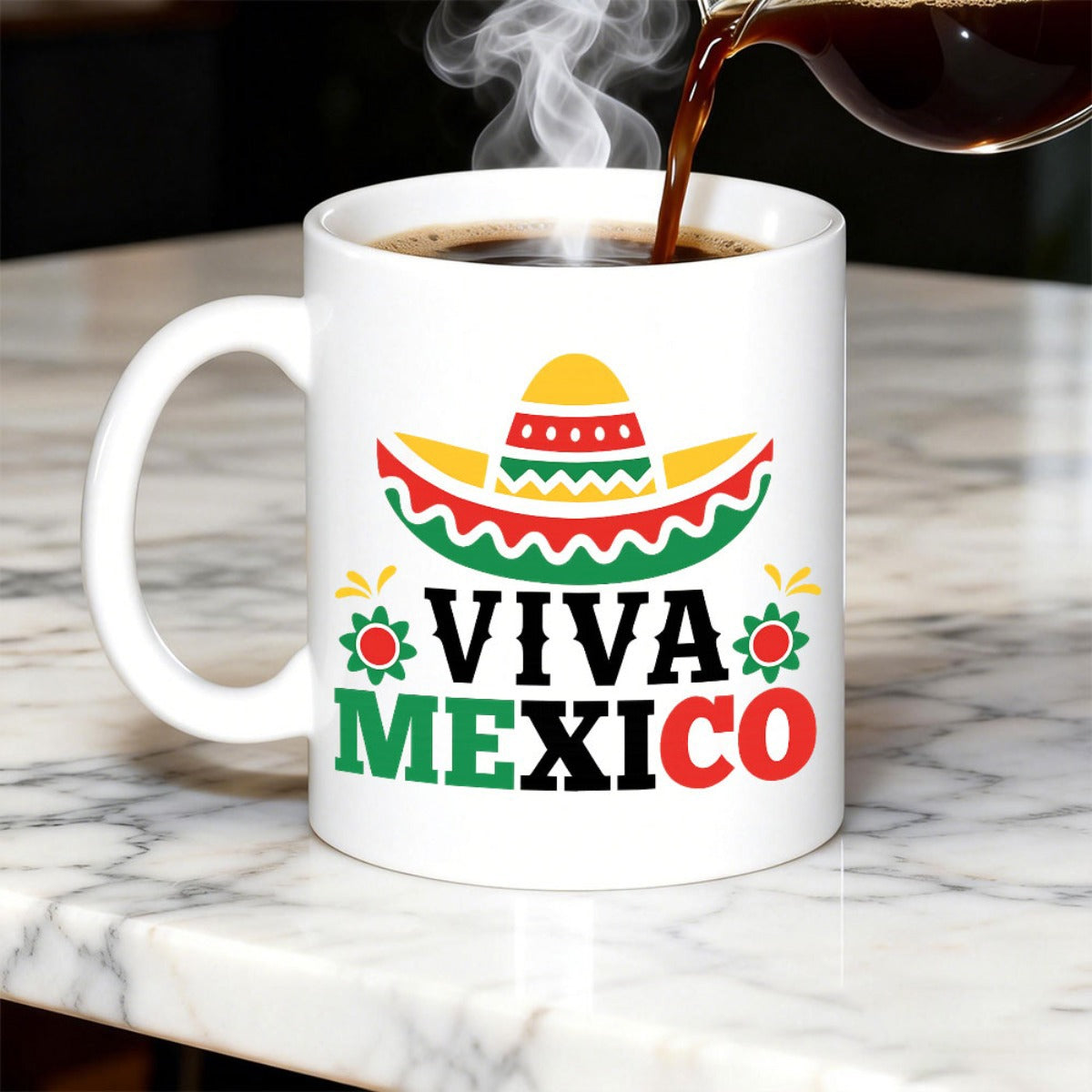 Tailorly White Ceramic 11 oz Mug - Viva Mexico Colorful Festive Traditional Patterns Among Cultural Symbols Sombrero