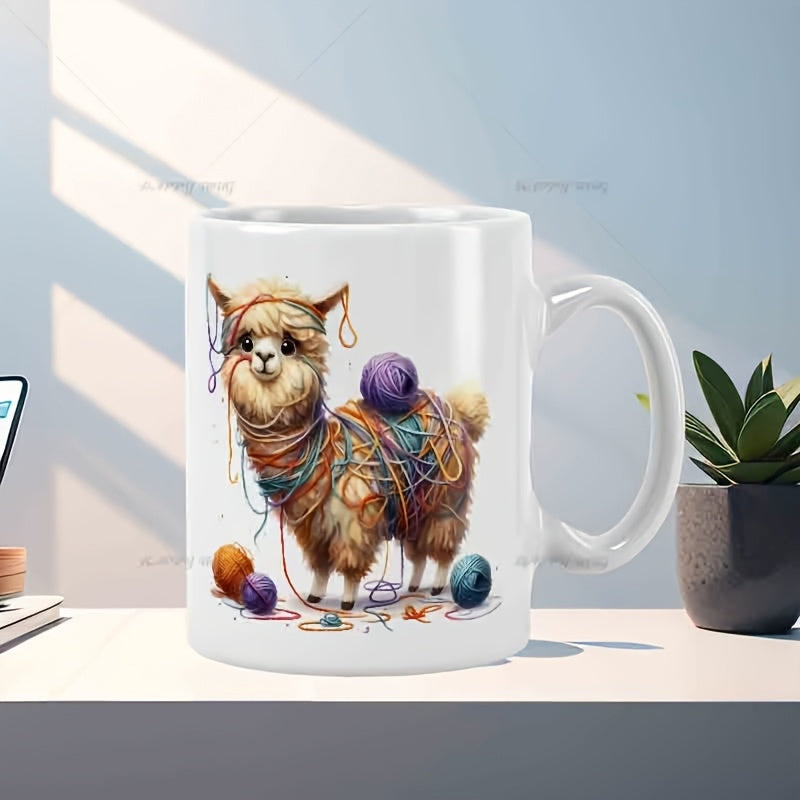 Tailorly White Ceramic 11 oz Mug - Cute Fluffy Standing Tangled In Vibrant Multi Colored Woolen Soft Alpaca