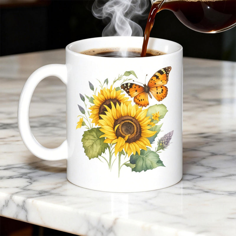 Tailorly White Ceramic 11 oz Mug - Vibrant Yellow Sunflowers With Graceful Butterfly Resting Among Green Leaves Sunflower