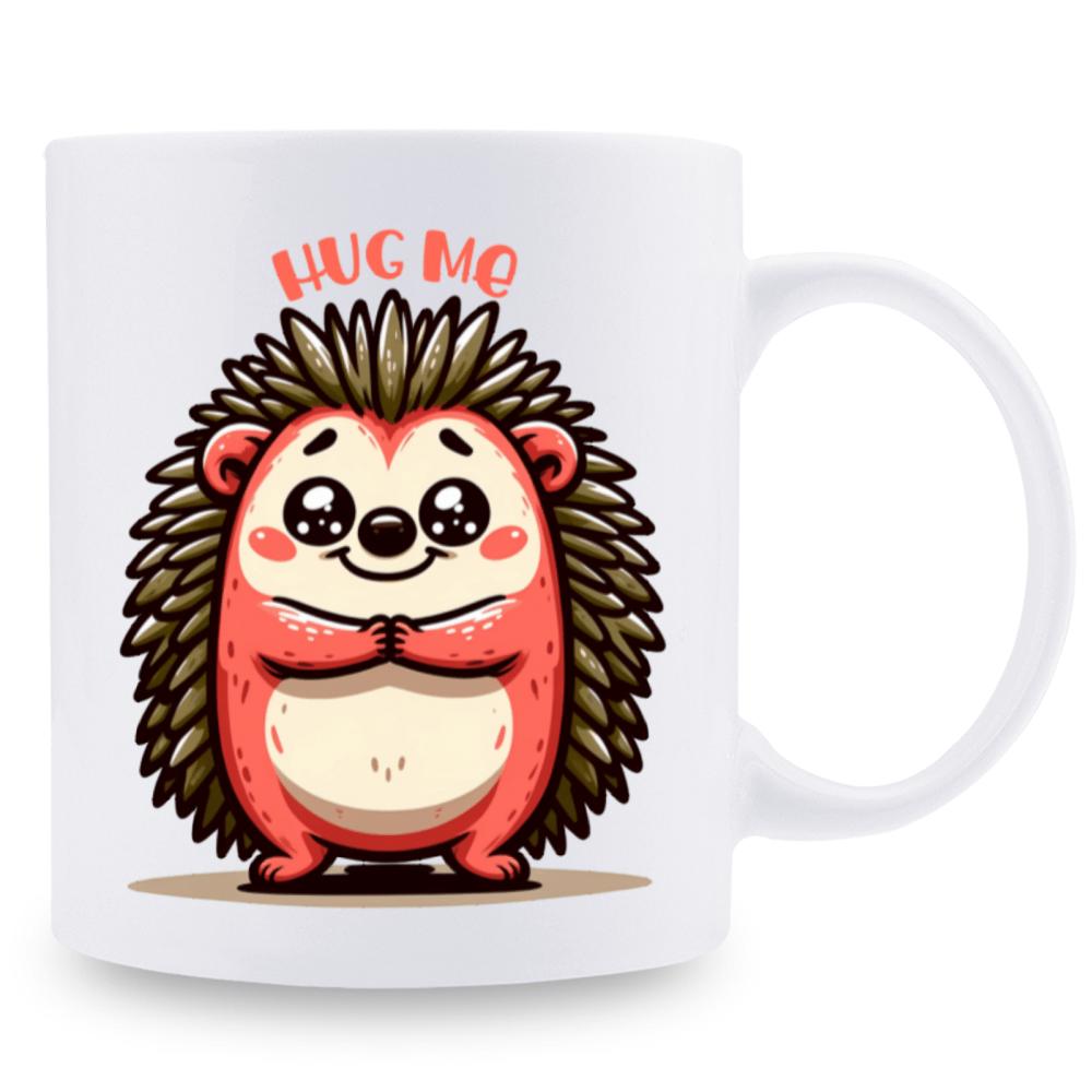 Tailorly White Ceramic 11 oz Mug - Hug Me Adorable Small Forest Animal With Brown Spiky Quills And Rosy Cheeks Hedgehog