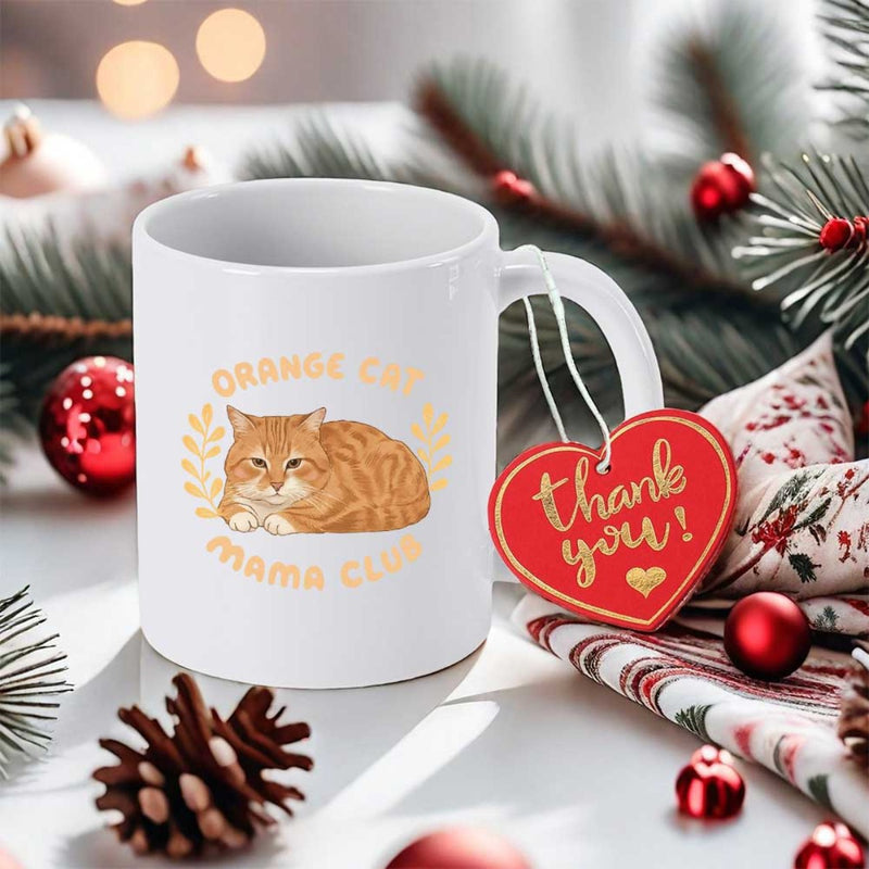 Tailorly White Ceramic 11 oz Mug - Orange Cat Mama Club Lovely Resting Ginger Tabby Decorated With Golden Leaf Stems Cat