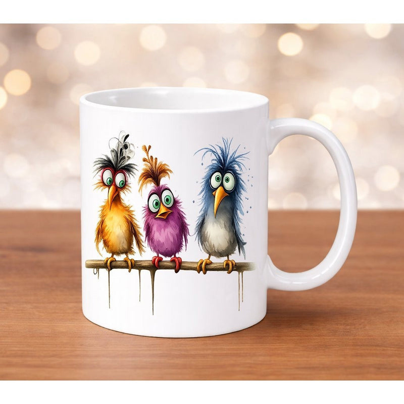 Tailorly White Ceramic 11 oz Mug - Three Colorful Whimsical Messy Haired Friends Sitting On A Branch Bird