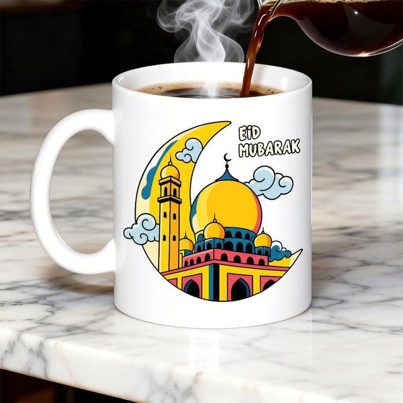 Tailorly White Ceramic 11 oz Mug - Eid Mubarak Golden Crescent Moon Embracing A Colorful Traditional Domed Sacred Building Mosque