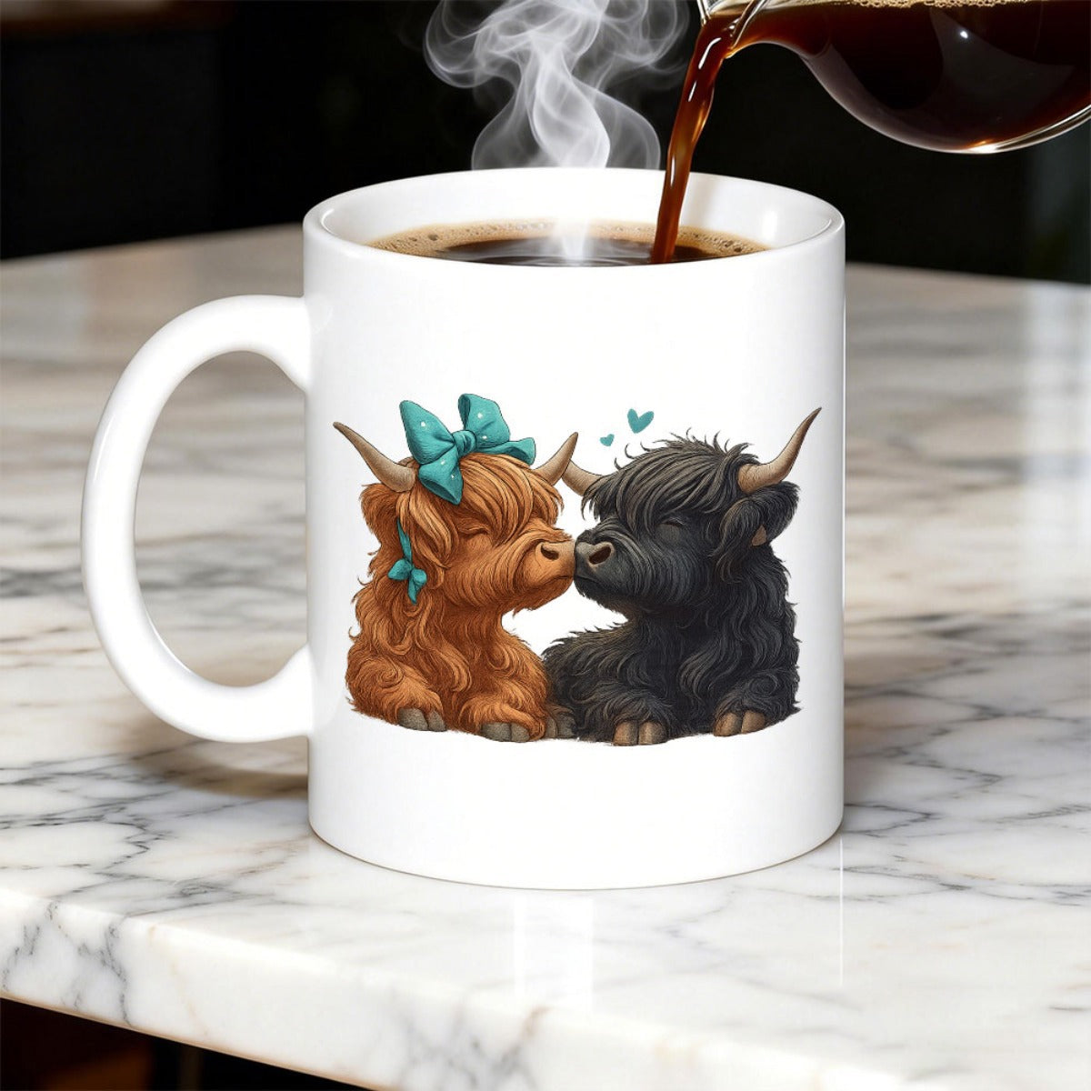 Tailorly White Ceramic 11 oz Mug - Adorable Ginger And Black Highland Cows Sitting Together Under Floating Hearts Cow