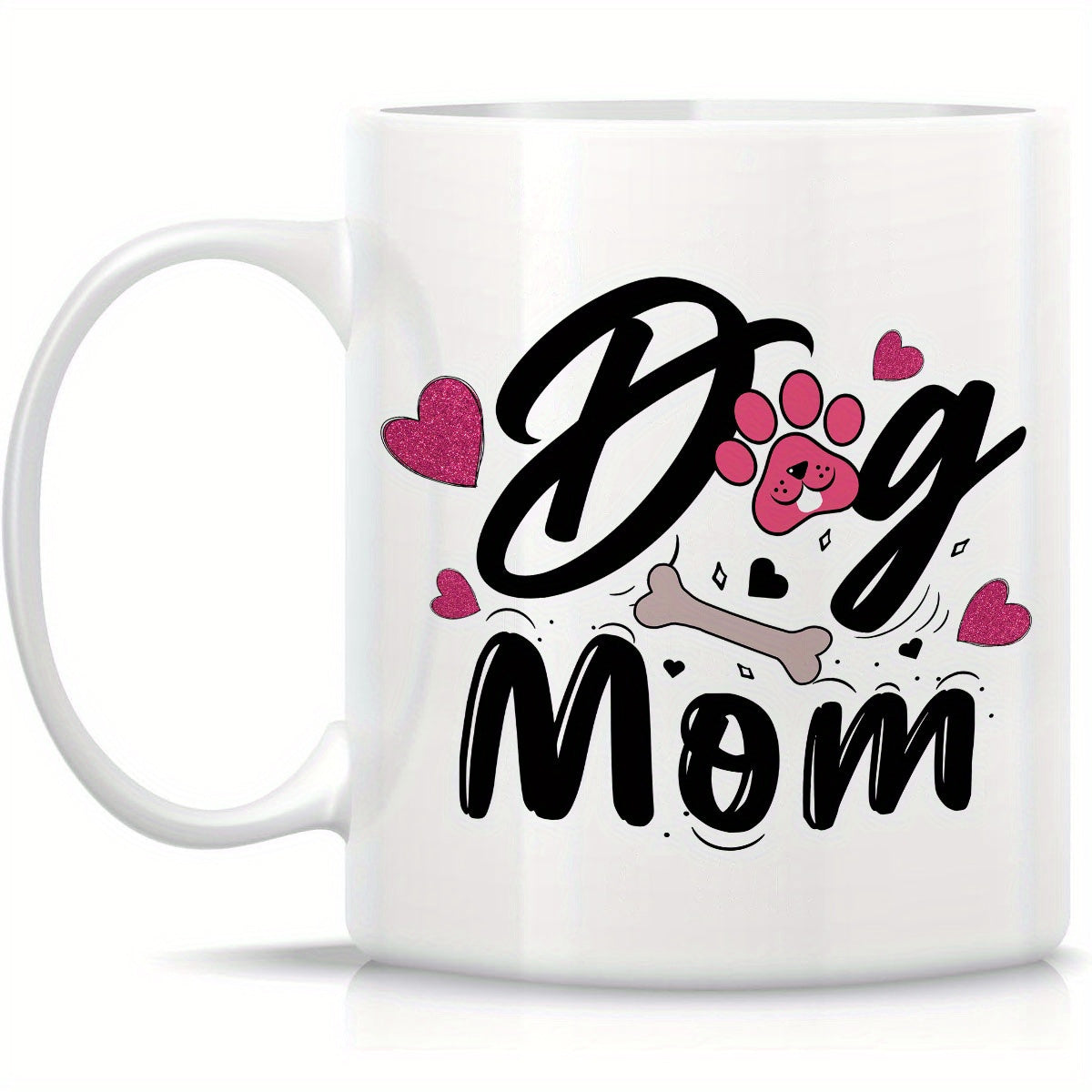 Tailorly White Ceramic 11 oz Mug - Dog Mom Handwritten Script Surrounded By Cute Hearts And Paw Print Graphic Mug