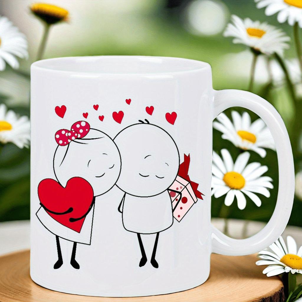 Tailorly White Ceramic 11 oz Mug - Minimalist Line Art Couple Holding Red Heart And Gift Box Under Floating Hearts Mug