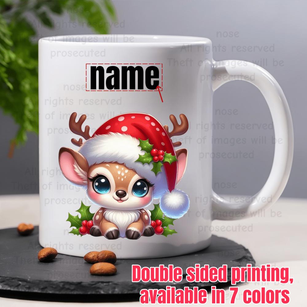 Tailorly White Ceramic 11 oz Mug - Name Adorable Small Reindeer Wearing A Polka Dot Festive Santa Hat Reindeer