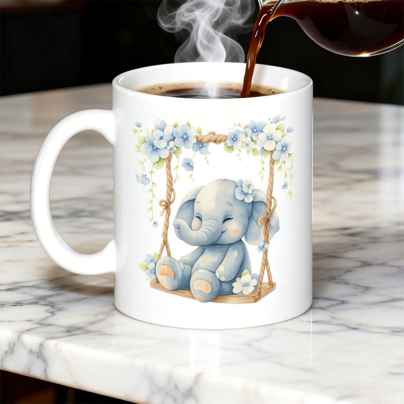 Tailorly White Ceramic 11 oz Mug - Adorable Baby Blue Elephant Sitting On Wooden Swing Among Delicate Flowers Elephant