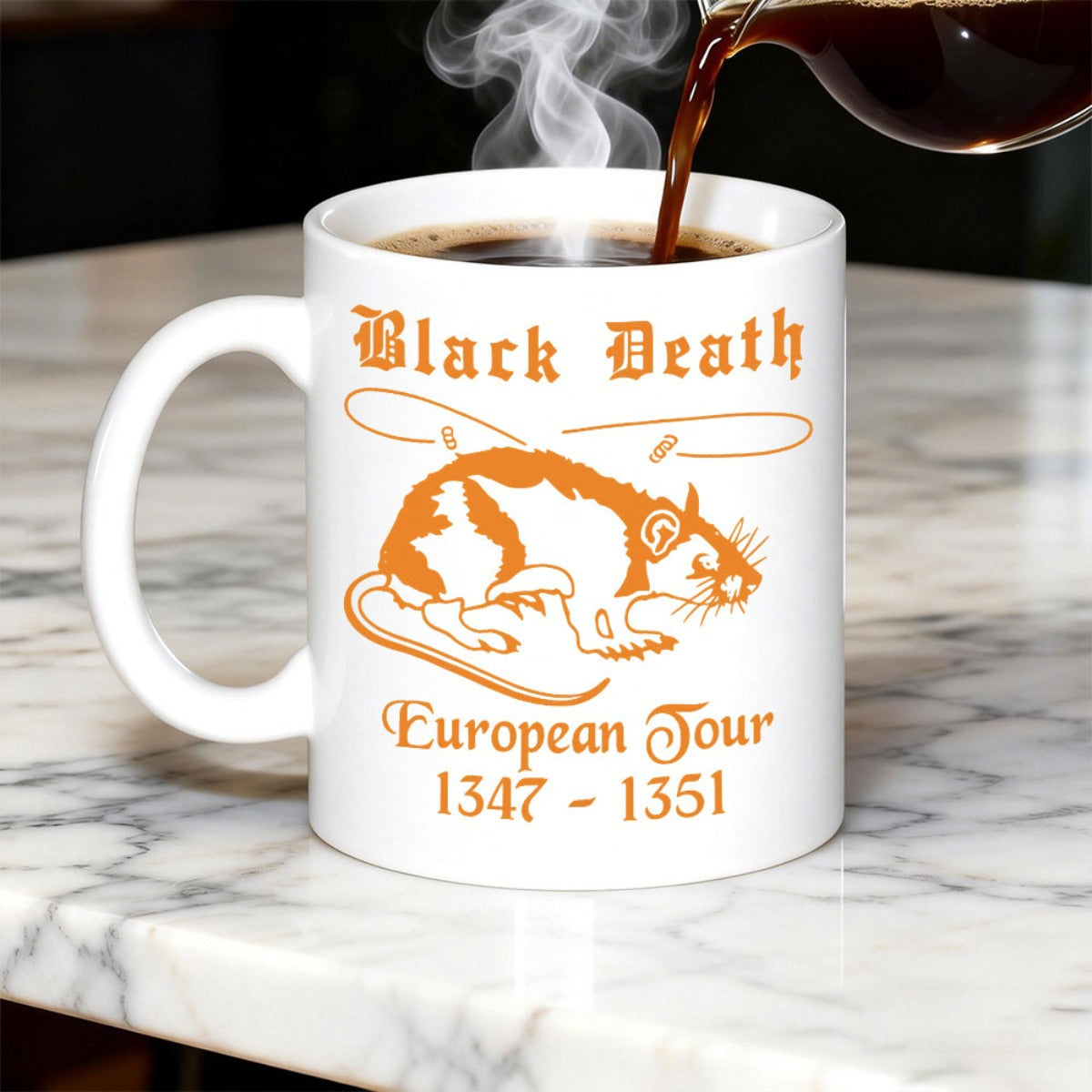 Tailorly White Ceramic 11 oz Mug - Black Death European Tour 1347 1351 Stylized Orange Plague Rat Sitting On A Flat Surface Rat