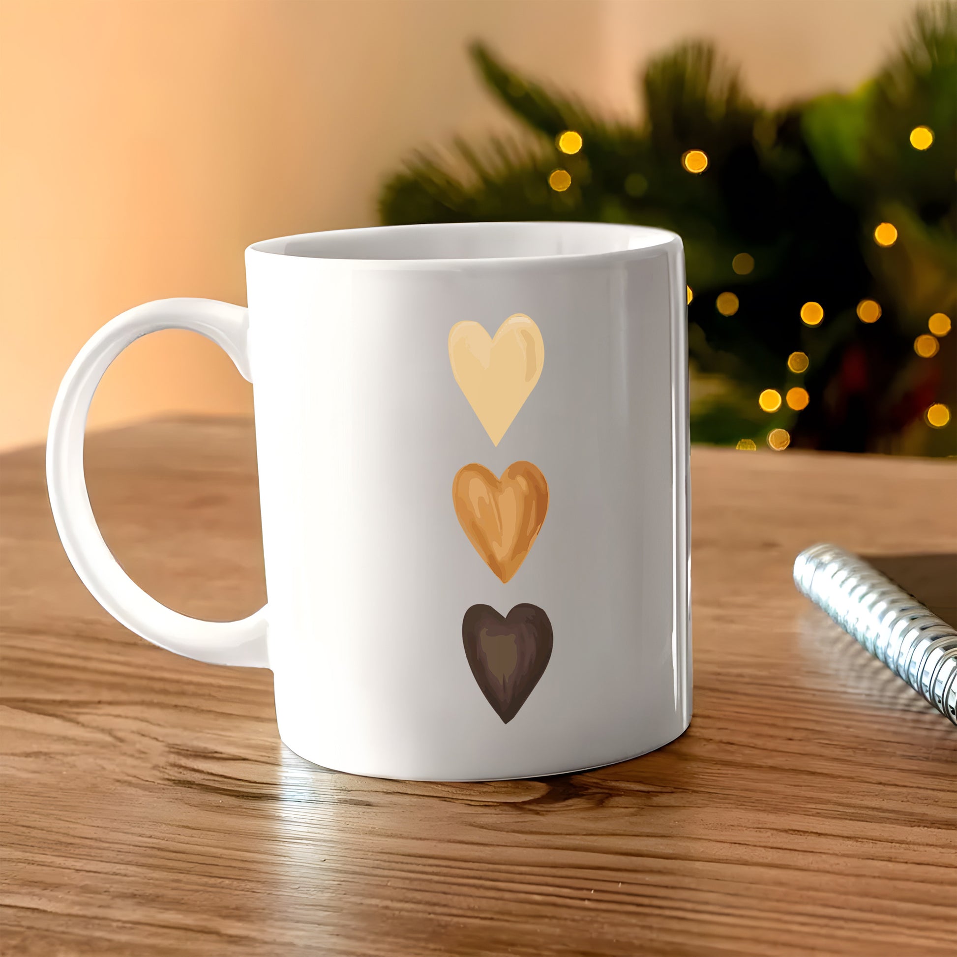 Tailorly White Ceramic 11 oz Mug - Minimalist Neutral Toned Symbols Stacked Vertically On A Ceramic Surface Hearts