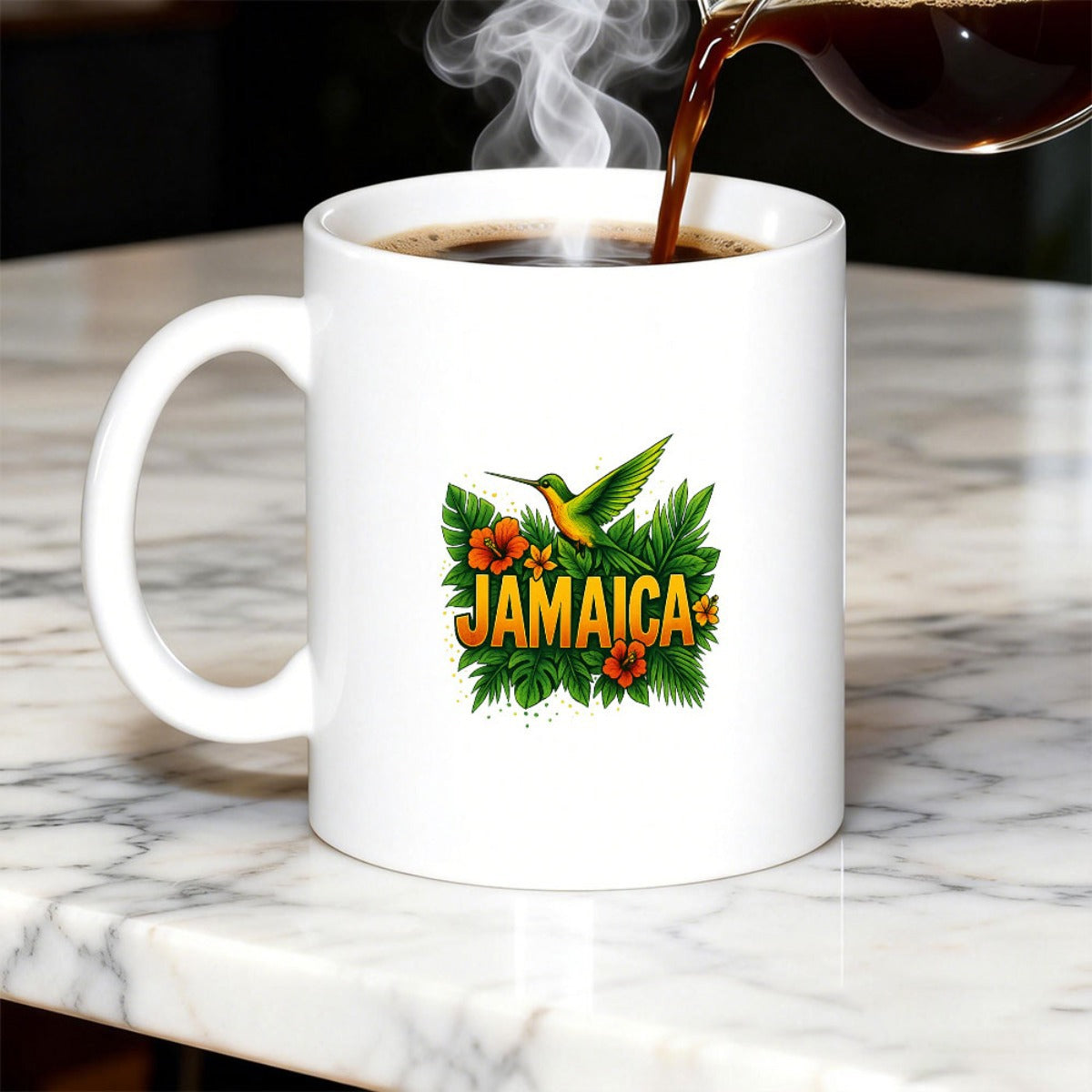 Tailorly White Ceramic 11 oz Mug - Jamaica Tropical Green Hummingbird With Vibrant Orange Hibiscus And Lush Jungle Leaves Bird