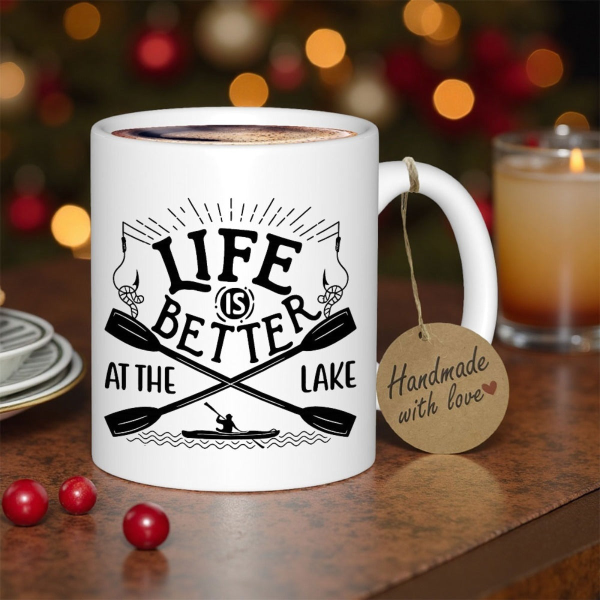 Tailorly White Ceramic 11 oz Mug - Life Is Better At The Lake Crossing Paddles Over A Serene Kayak Silhouette Amidst Decorative Rays Paddle