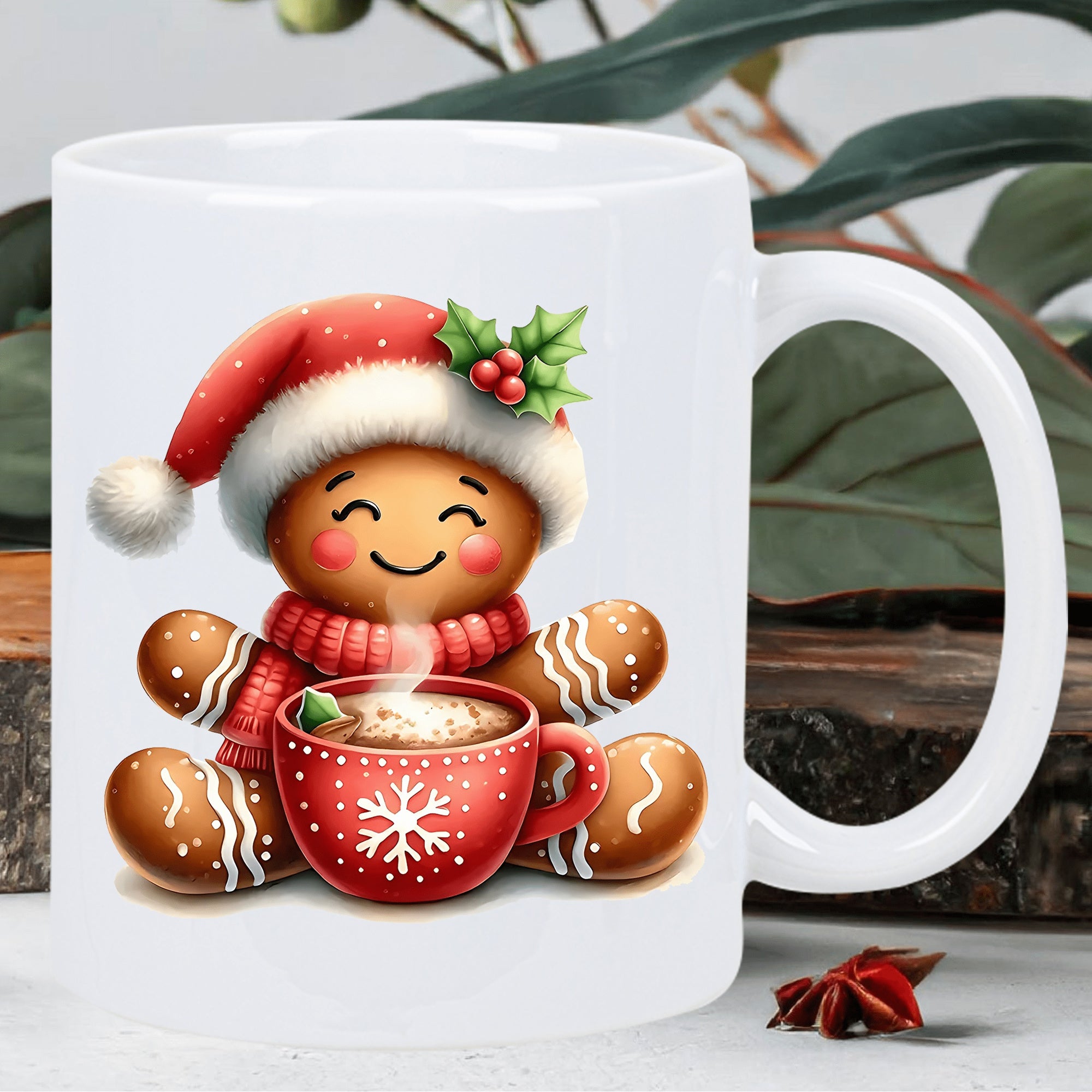 Tailorly White Ceramic 11 oz Mug - Cute Gingerbread Man Wearing Santa Hat Holding Steaming Cocoa Cup Mug