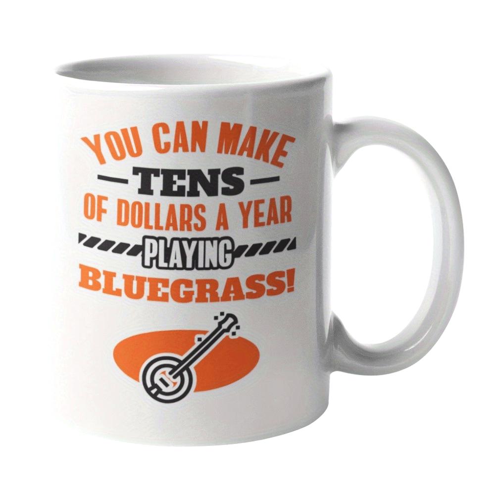 Tailorly White Ceramic 11 oz Mug - You Can Make Tens Of Dollars A Year Playing Bluegrass Classic Stylized Musical Instrument Icon Surrounded By Decorative Lines