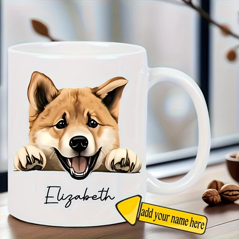 Tailorly White Ceramic 11 oz Mug - Elizabeth Add Your Name Here Adorable Shiba Inu Puppy Peeking Over Edge With Tiny Furry Paws Dog