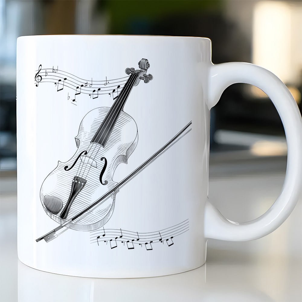 Tailorly White Ceramic 11 oz Mug - Elegant Musical Instrument With Bow Resting Across Flowing Notes And Staff Violin